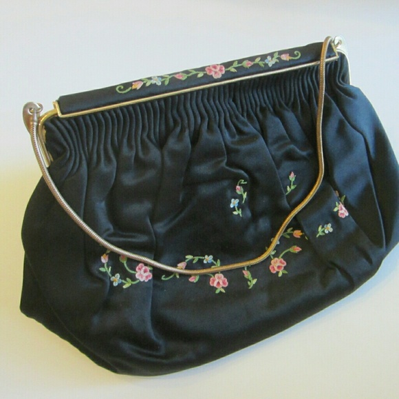 Art Deco Paris Gants Saint Roch Hand Made Black Satin French Embroidered Purse - Picture 2 of 11